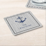 Familie of bootnaam marine anker touw nautisch kartonnen onderzetters<br><div class="desc">Familie of bootnaam marine anker touw nautisch vierkante papieren coasters Persoonlijke feestset producten met de naam van uw boot,  familienaam of elke tekst die u wilt. Met een marineblauw anker met touw nautisch ontwerp,  in marineblauw op grijze houten plank achtergrond.  Geweldig voor alle gelegenheden zoals verjaardagen,  feesten,  vakanties etc.</div>