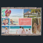 Familie of paarse vakantie 7 Foto Keepasj, koraal Deken<br><div class="desc">Herinner je je familievakantie met deze mooie moderne deken met ruimte voor zeven van je favoriete reisfoto's. Onderaan is er een koraalroze doos voor uw douanetekst,  zoals het jaar van uw vakantie,  uw familienaam,  en/of uw reisbestemming. Deze aangepaste deken zijn nog jarenlang een schat koepel.</div>