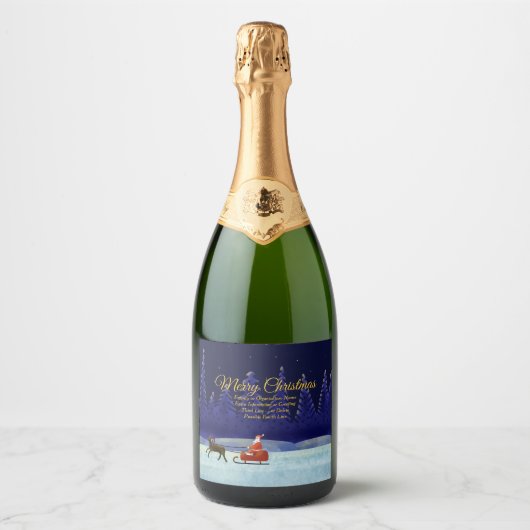 Familie/organisatienaam Blauw + Kerstman toevoegen Sparkling Wijnetiket (Voorkant)