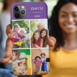 Familie Paarse 4 Fotocollage Custom Case-Mate iPhone Case<br><div class="desc">Creëer uw eigen aangepaste telefoonhoes voor iphone 11 pro max en vele andere modellen. Het ontwerp heeft een rasterfotocollage met 4 van uw favoriete foto's, jouw naam en het woord "familie". De fotosjabloon staat klaar voor u om uw foto's toe te voegen en werkt met de klok mee vanaf de...</div>