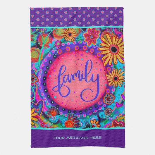 Familie Paarse Bloemen Stippen Gepersonaliseerd Theedoek (Verticaal)