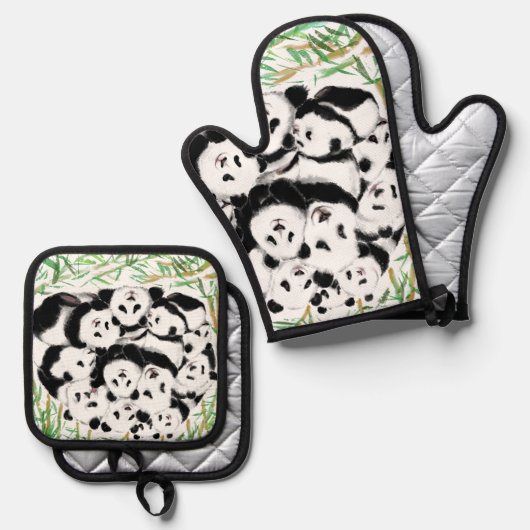 Familie Panda Grappige Oven Mitt & Pot Houder Set (Voorkant / Achterkant)