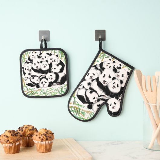 Familie Panda Grappige Oven Mitt & Pot Houder Set (Insitu(Ophanging))