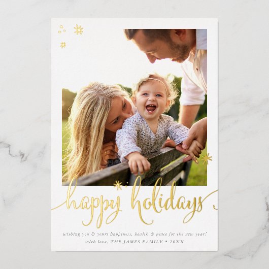 FAMILIE PHOTO CHRISTMAS leuke kalligrafie blij Folie Feestdagenkaart (Voorkant)