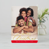 FAMILIE PHOTO-elegant calligrafie rood goud Folie Feestdagenkaart (Staand Voorkant)