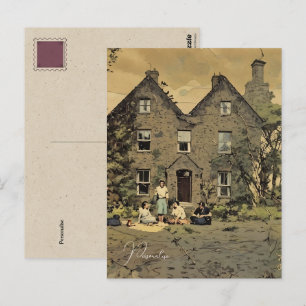 Familie Picknick Oude Landhuis Foto Vintage Briefkaart