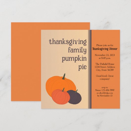 Familie Pumpkin Pie Thanksgiving Diner Uitnodiging (Voorkant / Achterkant)