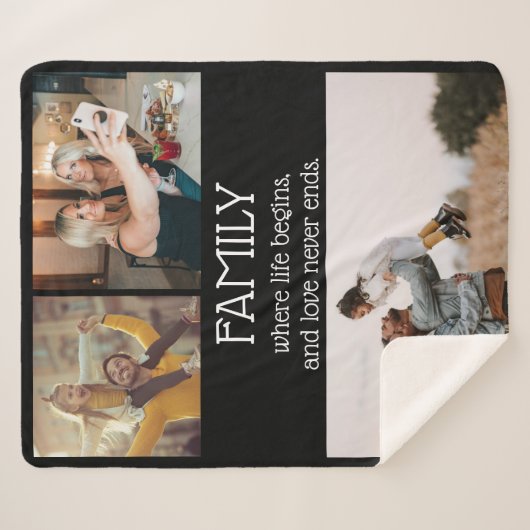 Familie Quote Fotocollage Modern Zwart Sherpa Deken (Voorkant (horizontaal))