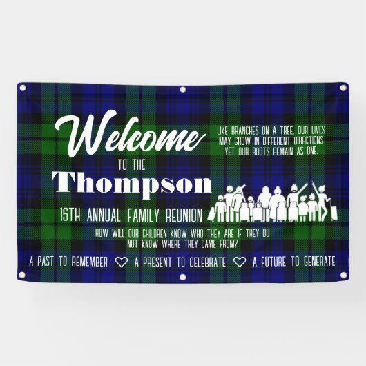 Familie reünie banner (zwart horloge Tartan) (Horizontaal)