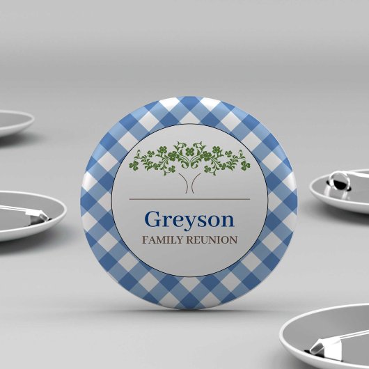 Familie Reünie Buttonnen Blue Gingham Theme Ronde Button 7,6 Cm
