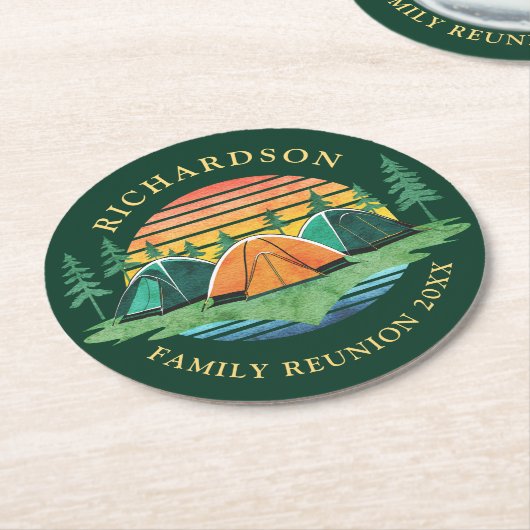 Familie Reünie Camping Reis Zonsondergang Groen Ronde Kartonnen Onderzetter (Gebogen)