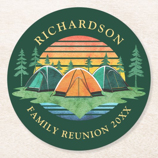 Familie Reünie Camping Reis Zonsondergang Groen Ronde Kartonnen Onderzetter (Voorkant)