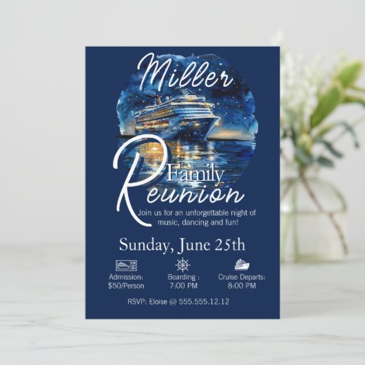 Familie reünie cruiseschip blauw en wit uitnodigin kaart (Staand voorkant)
