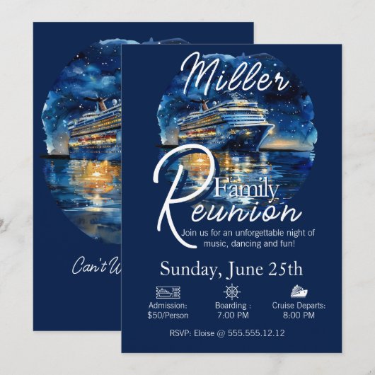 Familie reünie cruiseschip blauw en wit uitnodigin kaart (Voorkant / Achterkant)