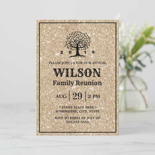 Familie Reünie Familie Stamboom Modern Gouden Glit Kaart (Staand voorkant)