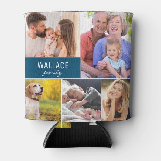 Familie reünie foto collage aangepaste naam blauw blikjeskoeler (Voorkant)