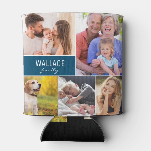 Familie reünie foto collage aangepaste naam blauw blikjeskoeler (Achterkant)