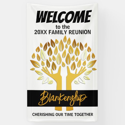Familie Reünie Gouden Handen Boom bladeren Custom Spandoek (Verticaal)