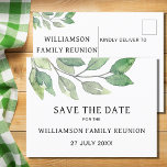 Familie reünie groen opslaan de datum aankondigingskaart<br><div class="desc">Stuur save-the-date informatie voor uw gezinshereniging met deze stijlvolle briefkaarten. Ze zijn versierd met een modern, minimalistisch gebladerte ontwerp in tinten groen. Gemakkelijk aan te passen. Coördineren van reünie uitnodigingen en feestartikelen zijn ook beschikbaar in mijn winkel. Gebruik het ontwerpgereedschap om de tekstgrootte, -stijl of -kleur te wijzigen. Omdat we...</div>