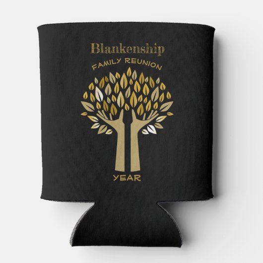 Familie reünie heeft handen omhoog bomen verlaten  blikjeskoeler (Achterkant)