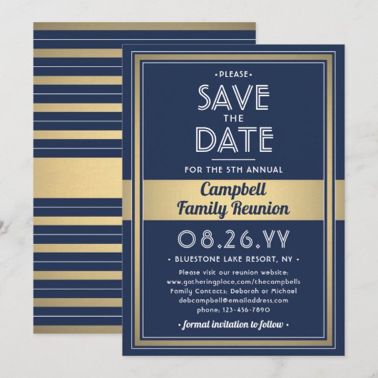 Familie Reünie Modern Elegant Marine Blauw Goud Wi Save The Date (Voorkant / Achterkant)