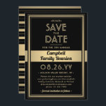 Familie Reünie Modern Elegant Zwart en Goud Party Save The Date<br><div class="desc">Nodig familieleden uit om de datum te bewaren voor een familiereünie, picknick, bbq of feest met deze elegante moderne zwart-gouden folie uitnodiging. Alle tekst is eenvoudig aan te passen. Design heeft een gouden rand met faux lint overlay, stijlvolle art deco geïnspireerde typografie en chique script kalligrafie. Deze sjabloon is opgezet...</div>