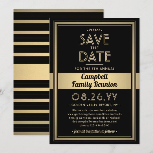 Familie Reünie Modern Elegant Zwart en Goud Party Save The Date (Voorkant / Achterkant)
