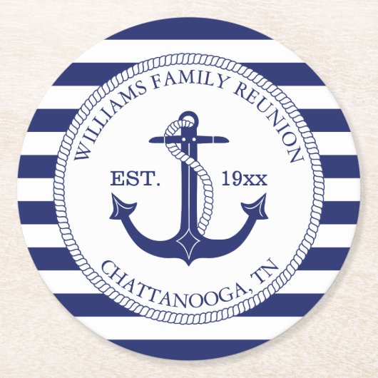 Familie Reünie Nautisch Anker Monogram Ronde Kartonnen Onderzetter (Voorkant)