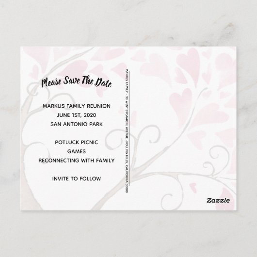 Familie reünie nodigt uit om de datumhartstructuur briefkaart (Achterkant)