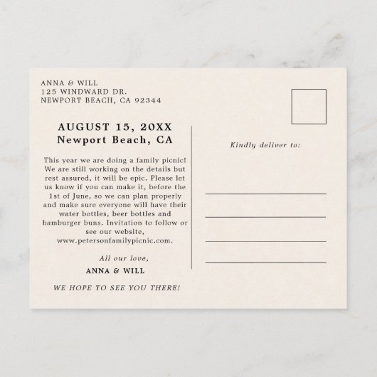 Familie Reünie Picknick Chic  Save the Date Briefkaart (Achterkant)