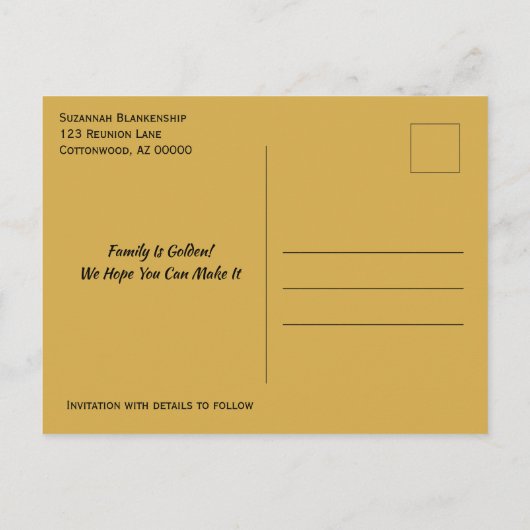 Familie reünie redt de datum verbonden aan gouden  aankondigingskaart (Achterkant)