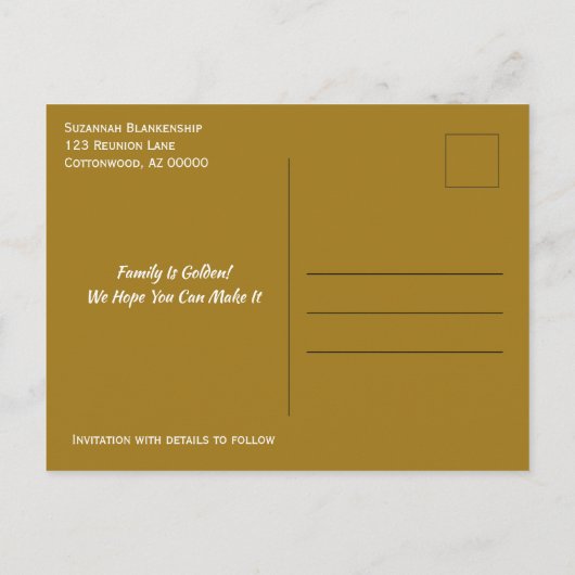 Familie reünie redt de datum verbonden aan gouden  aankondigingskaart (Achterkant)