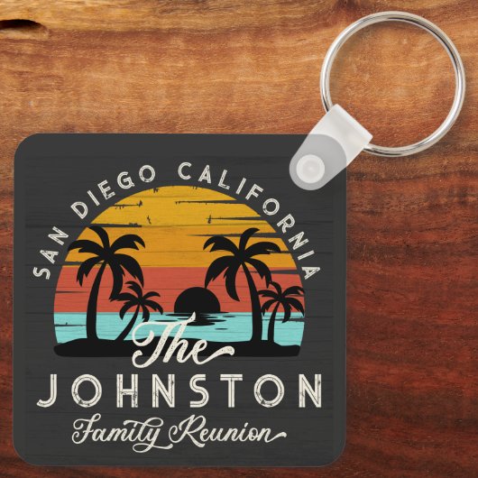  familie reünie retro zonsondergang strand palmen sleutelhanger (Achterkant)