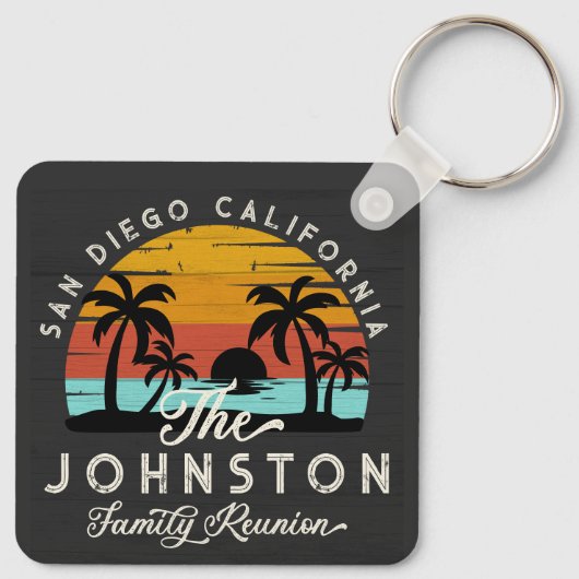  familie reünie retro zonsondergang strand palmen sleutelhanger (Achterkant)