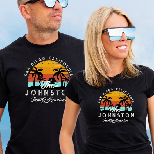  familie reünie retro zonsondergang strand palmen t-shirt