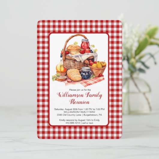 Familie Reünie Rood Wit Check Picknick Uitnodiging (Staand voorkant)