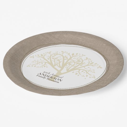 Familie Reünie Rustieke Bruine Gestikte Burlap Papieren Bordje (Gekanteld)