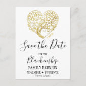 Familie reünie slaat de datum goudhartboom wit op aankondigingskaart (Voorkant)