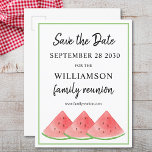 Familie reünie slaat de datum watermeloen op aankondigingskaart<br><div class="desc">Deze zomergezinshereniging Save The Date briefkaart is versierd met waterverf watermeloenen. Eenvoudig aan te passen. Gebruik het Hulpmiddel van het Ontwerp om de tekstgrootte, de stijl, of de kleur te veranderen. Omdat wij ons kunstwerk creëer, zult u dit nauwkeurige afbeelding niet vinden van andere ontwerpers. Oorspronkelijke Waterverf © Michele Davies....</div>