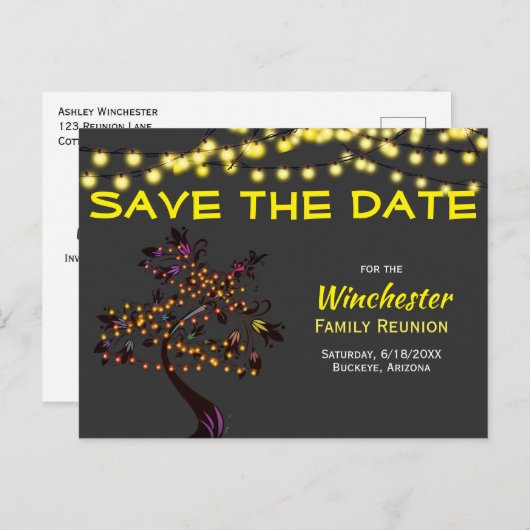 Familie reünie slaat de datumlampboom op aankondigingskaart (Voorkant / Achterkant)