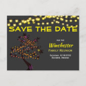 Familie reünie slaat de datumlampboom op aankondigingskaart (Voorkant)