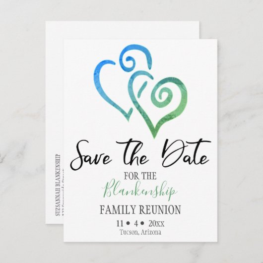 Familie reünie sparen de Datum Blauwe Groene Horen Aankondigingskaart (Voorkant / Achterkant)