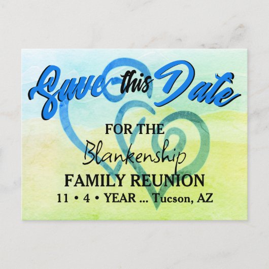 Familie reünie sparen de Datum Blauwe Groene Horen Aankondigingskaart (Voorkant)