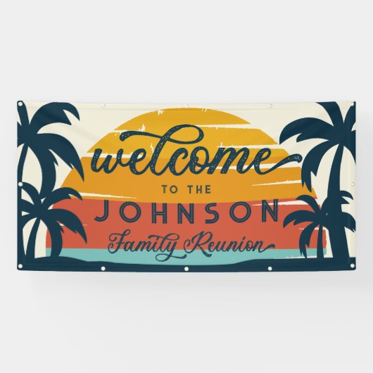  familie reünie strand zonsondergang welkom spandoek (Horizontaal)