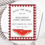 Familie reünie Watermelon slaat de datum op Aankondigingskaart<br><div class="desc">Plan je een familiereünie? Laat je familie de datum weten met deze Save the Date briefkaarten. Ze zijn versierd met waterverf watermeloenen op een rode en witte buffalo check achtergrond. Gemakkelijk aan te passen. Originele Waterverf © Michele Davies.</div>
