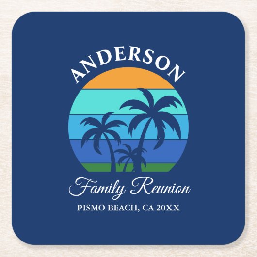 Familie Reünie Zomer Strand Palm Trees Blauw Kartonnen Onderzetters (Voorkant)
