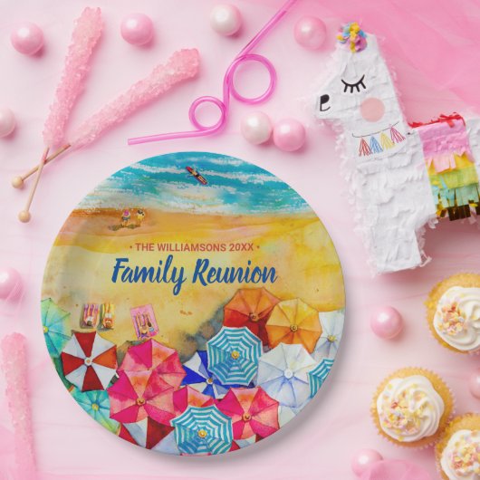 Familie reunion Beach Umbrellas op de zand Papieren Bordje (Feest)
