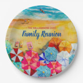 Familie reunion Beach Umbrellas op de zand Papieren Bordje (Voorkant)