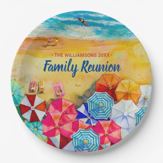 Familie reunion Beach Umbrellas op de zand Papieren Bordje (Voorkant)