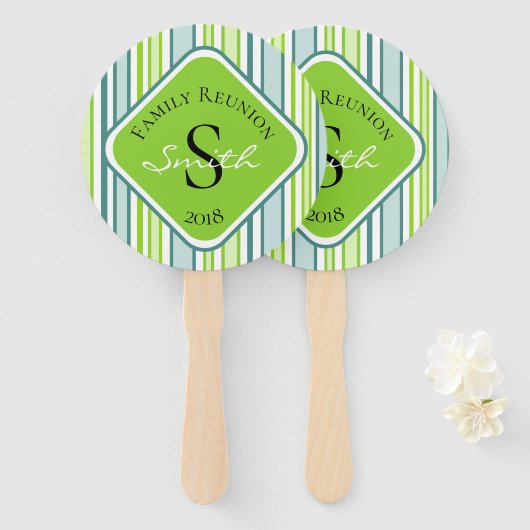 Familie Reunion Blauwe en Groene Strepen Handwaaier (Voorkant en achterkant)